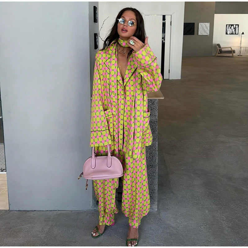 Geometric Printed Wide Leg Loose Pants Set for Women