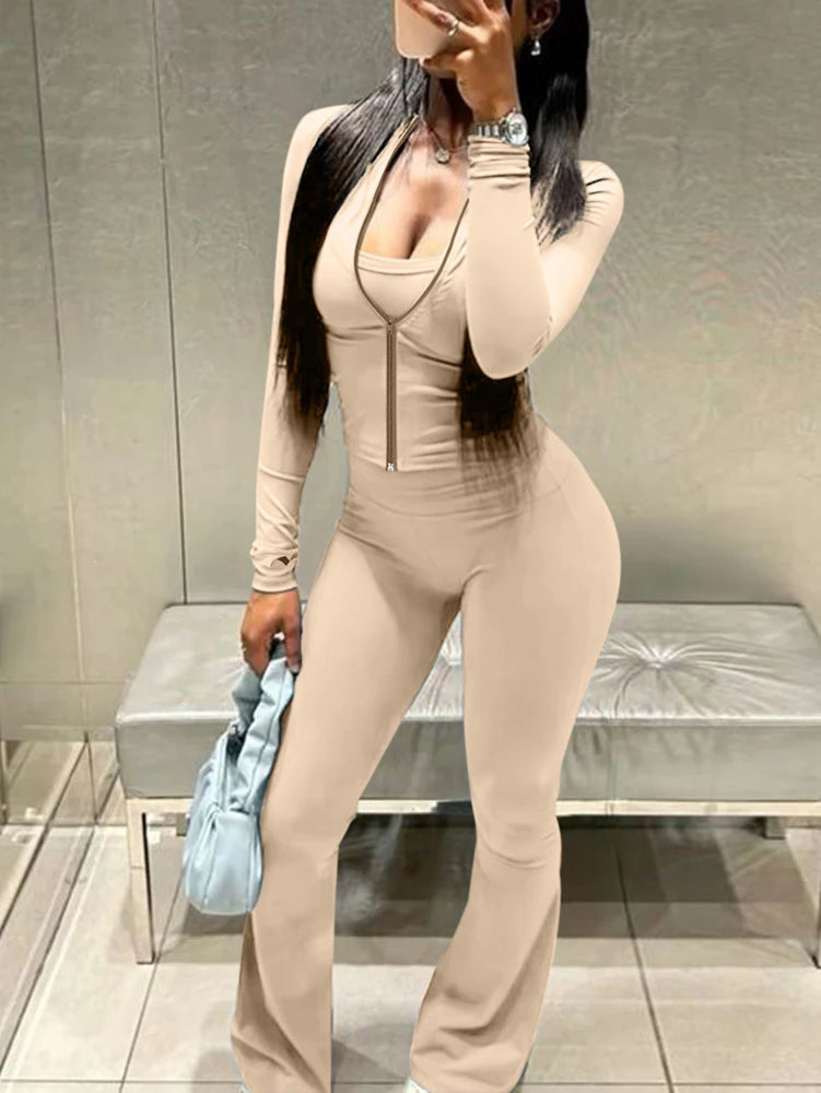 Zip Up Crop Top and High Waist Pants Tracksuit Set for Women