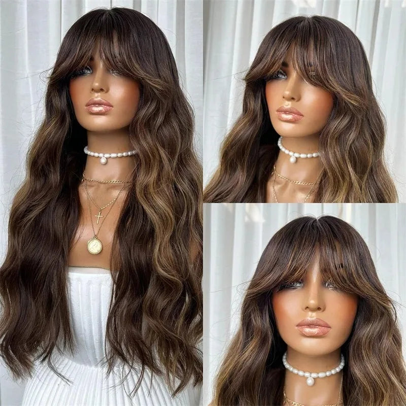 Heat Resistant Ombre Loose Wave Lace Front Wig With Bangs for Women