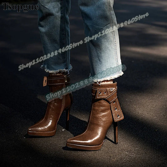 Coffee Leather Belt Strap Ankle Boots