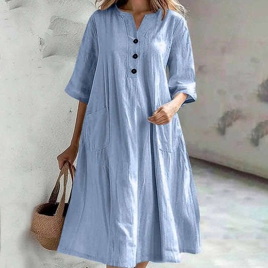 Solid V Neck Short Sleeve Midi Dress