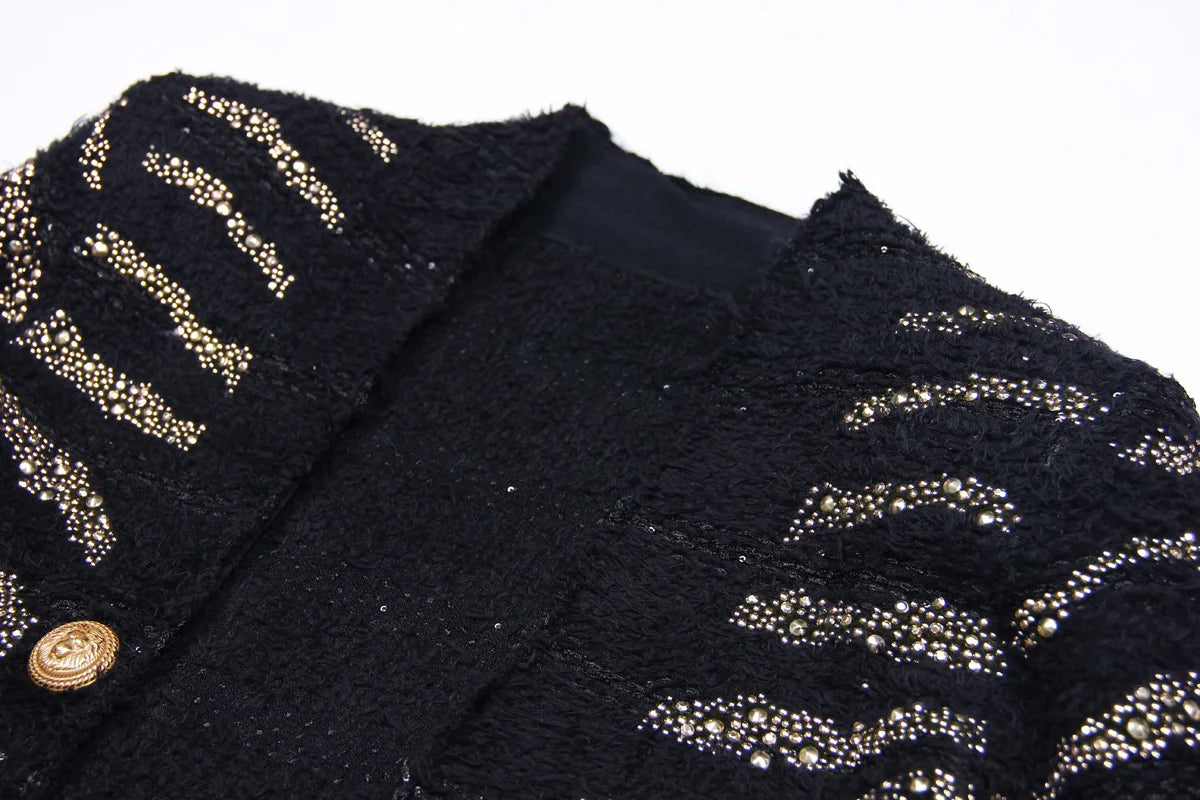 2025 Autumn New Heavy Knitted Hot Diamond Long-sleeved Jacket Sexy Vest + Skirt Set Light Luxury Party Women Three-piece Set
