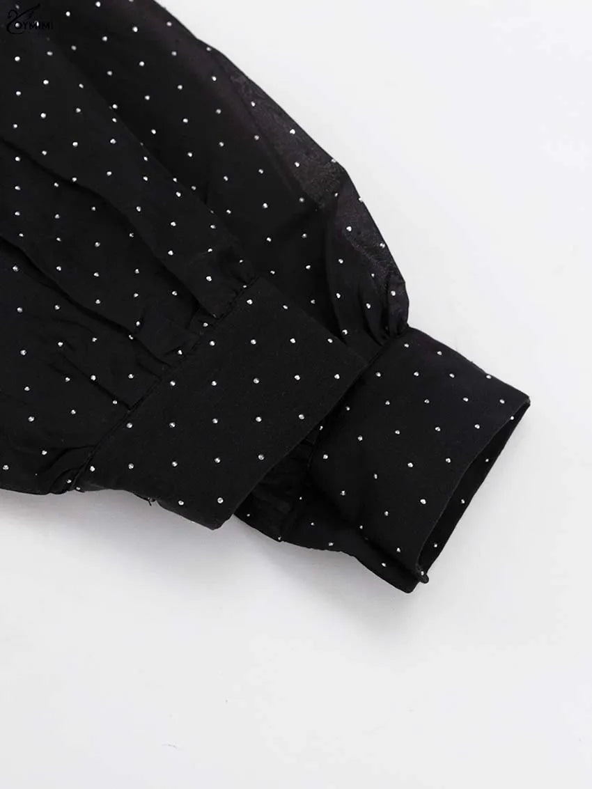 Oymimi Fashion Black Rhinestone Women's Dress Casual Lapel Long Sleeve Button Dresses Elegant New Lace-Up Pleated Mini Dresses