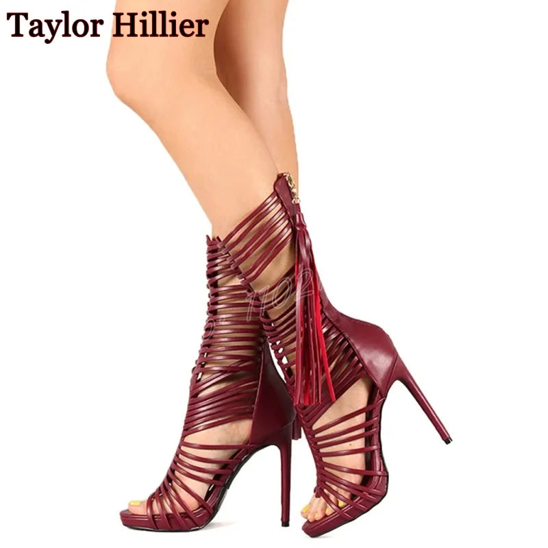 Hollow Tassel Open Toe Stiletto Mid-Calf Boots for Women