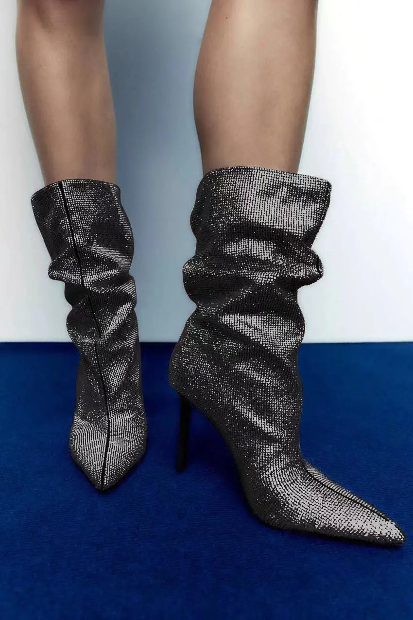 Rhinestone Embellished Pointed Toe Stiletto Boots For Women