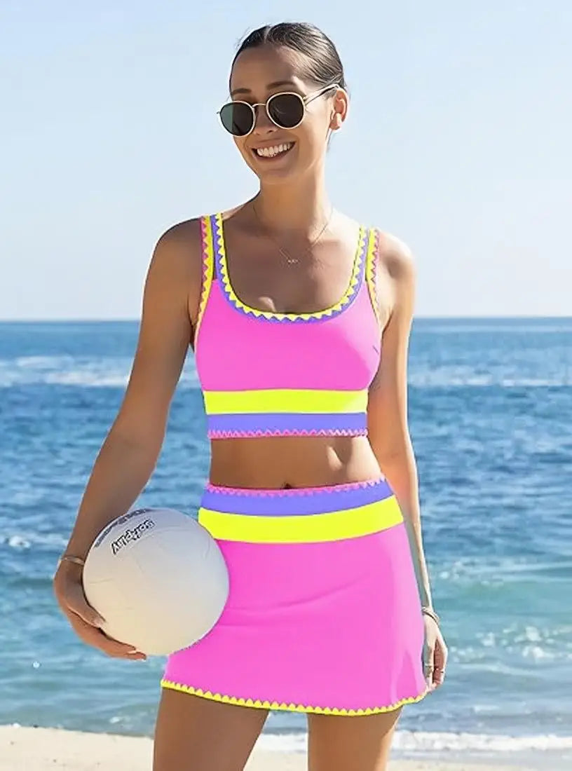 Women's Bikinis And Tankinis High Waist Color-blocked Zigzag Swimsuit 2026 Three Piece Cover-ups Bikini Beach Vacation Swimwear