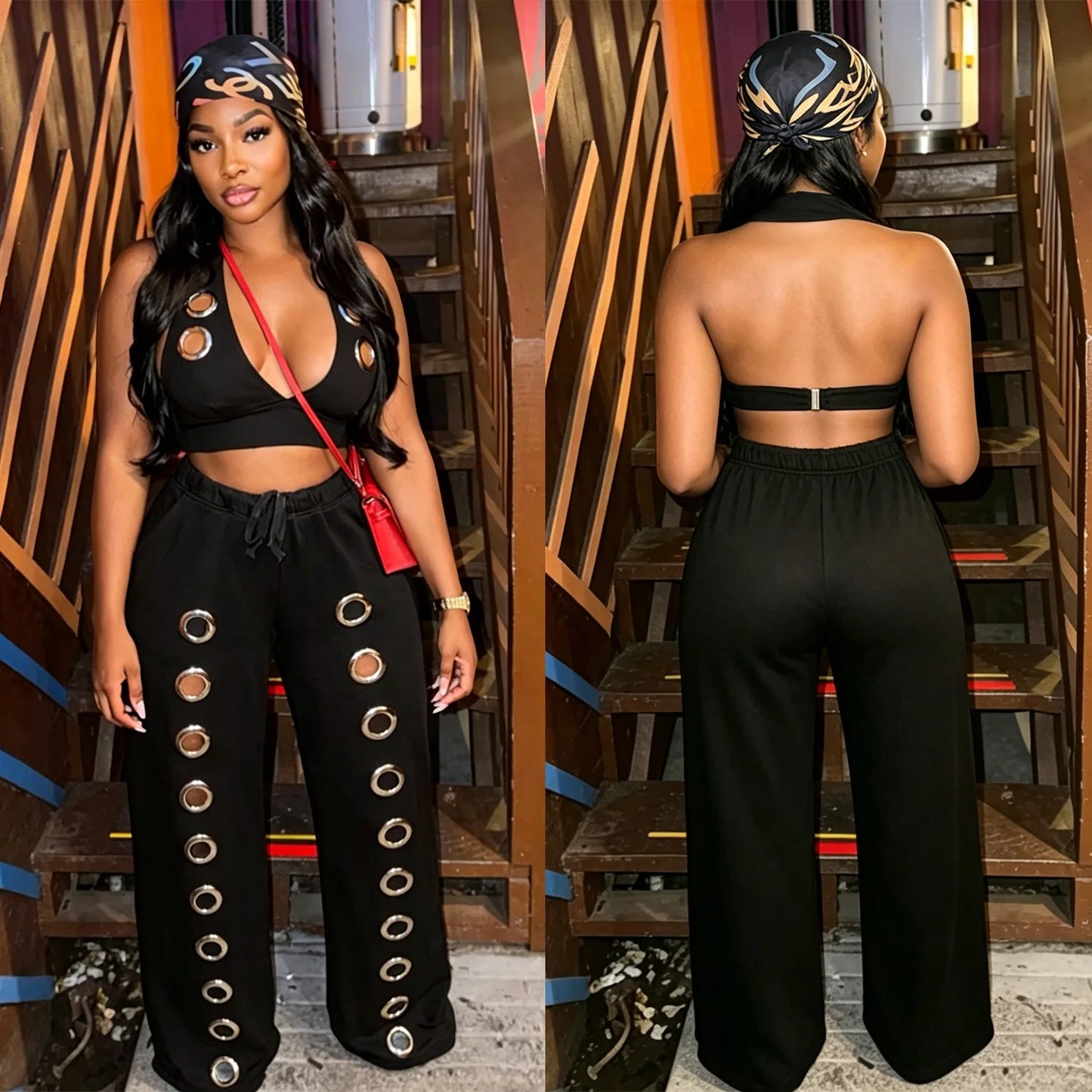 Knit Halter Wide Leg Tracksuit Matching Set for Women
