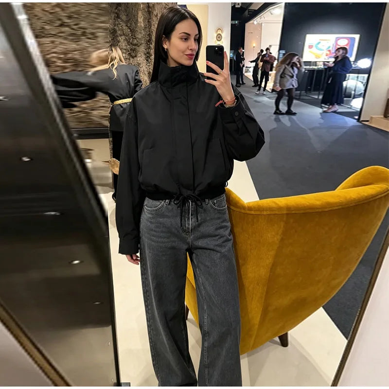 Casual Solid Jacket With Stand Collar And Pockets for Women