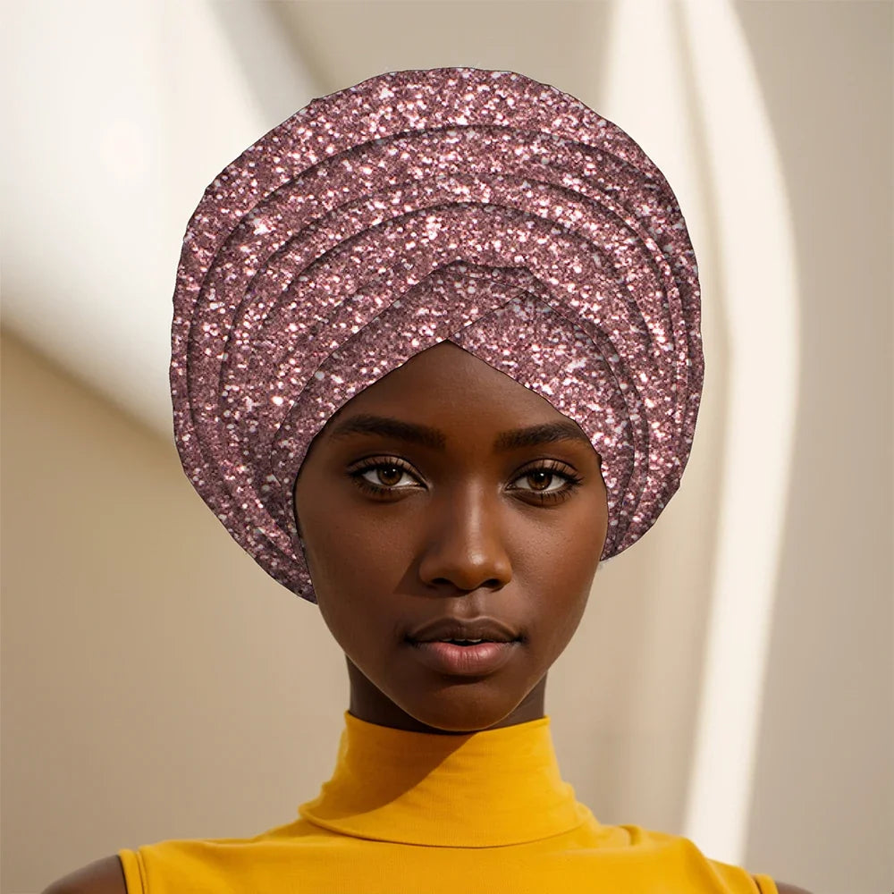 Gleaming Sequined African Print Head Wrap for Women