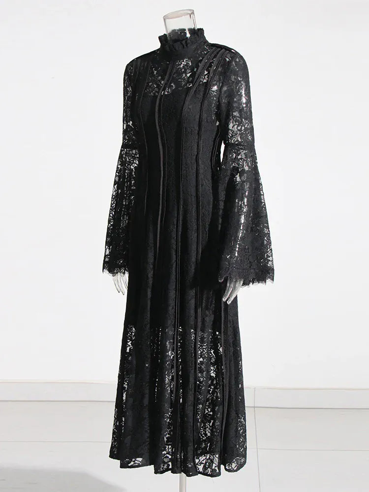 TWOTWINSTYLE Patchwork Lace Slimming Dresses For Women Stand Collar Flare Sleeve High Waist Solid Elegant Dress Female Fashion