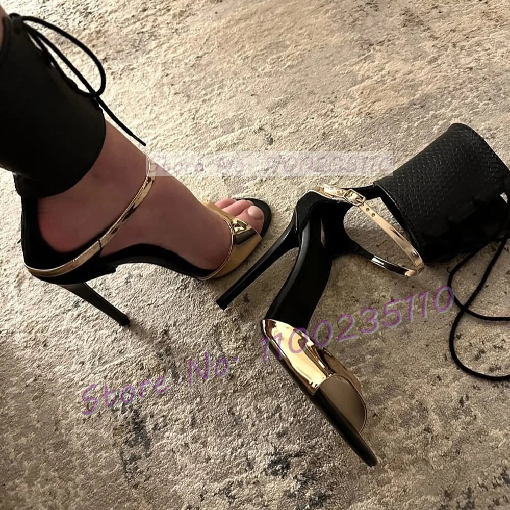 Gold Cross Tied Crocodile Gladiator Sandals for Women