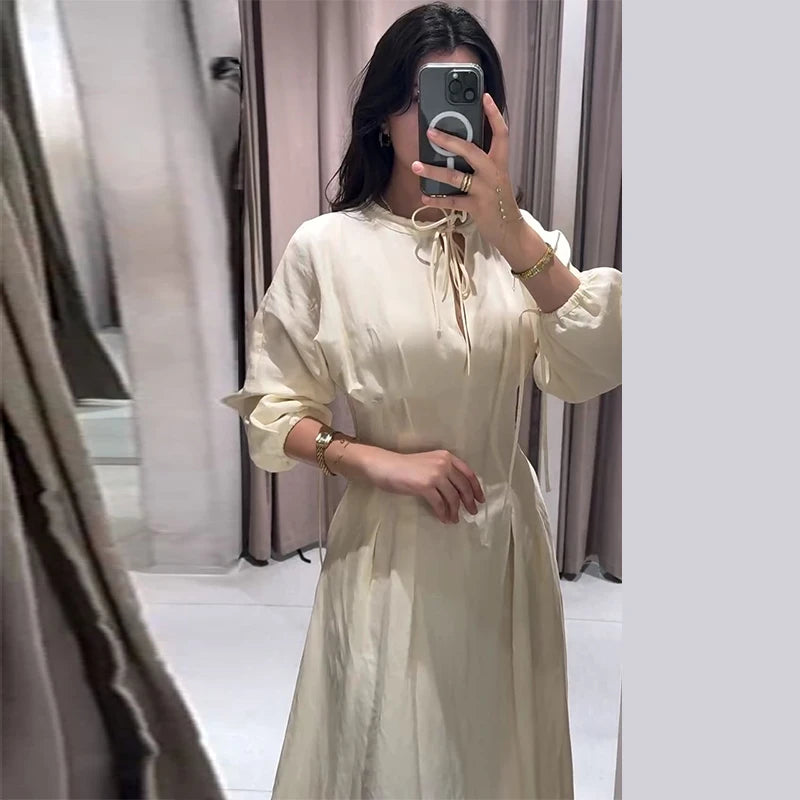 Lace Up Pleated Lantern Sleeve Midi Dress for Women