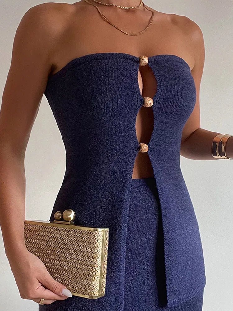 Hollow Out Strapless Knit Two Piece Set for Women