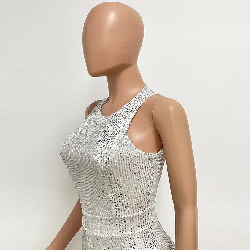 Elegant Silver Sequined Straight Cut Jumpsuit for Women
