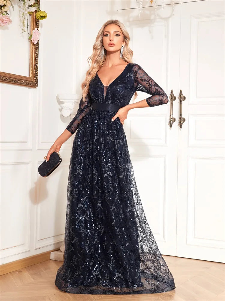 New Elegant Blue V-Neck Floral Evening Dress Long 2025 Luxury Women Long Sleeve Wedding Party Cocktail Dress Prom