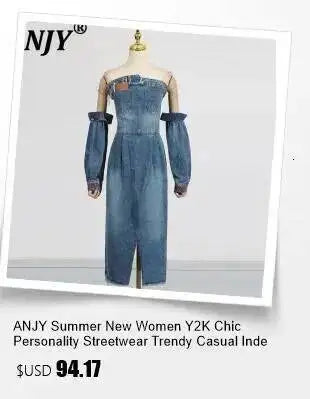 ANJY Summer New Women's Tide High Street Y2K Chic Trendy Sleeveless Halter Neck Backless Waist Cinching Zipper Denim Dress A8053