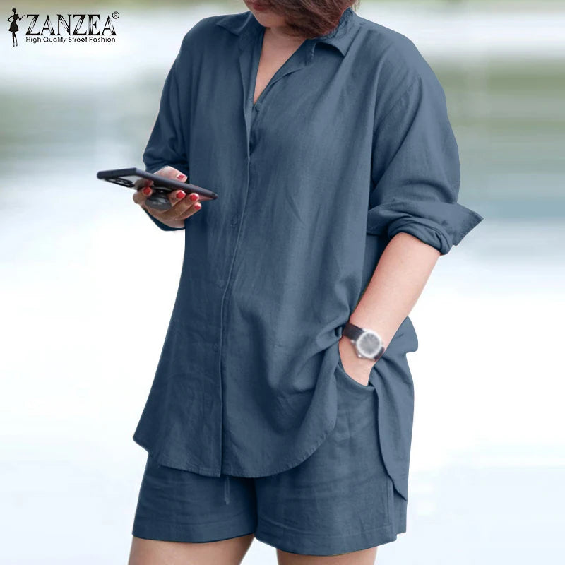 ZANZEA Woman Vintage Solid Matching Sets Spring Casual Street Suit Long Sleeve Lapel Shirt Loose Shorts Elegant Tracksuit