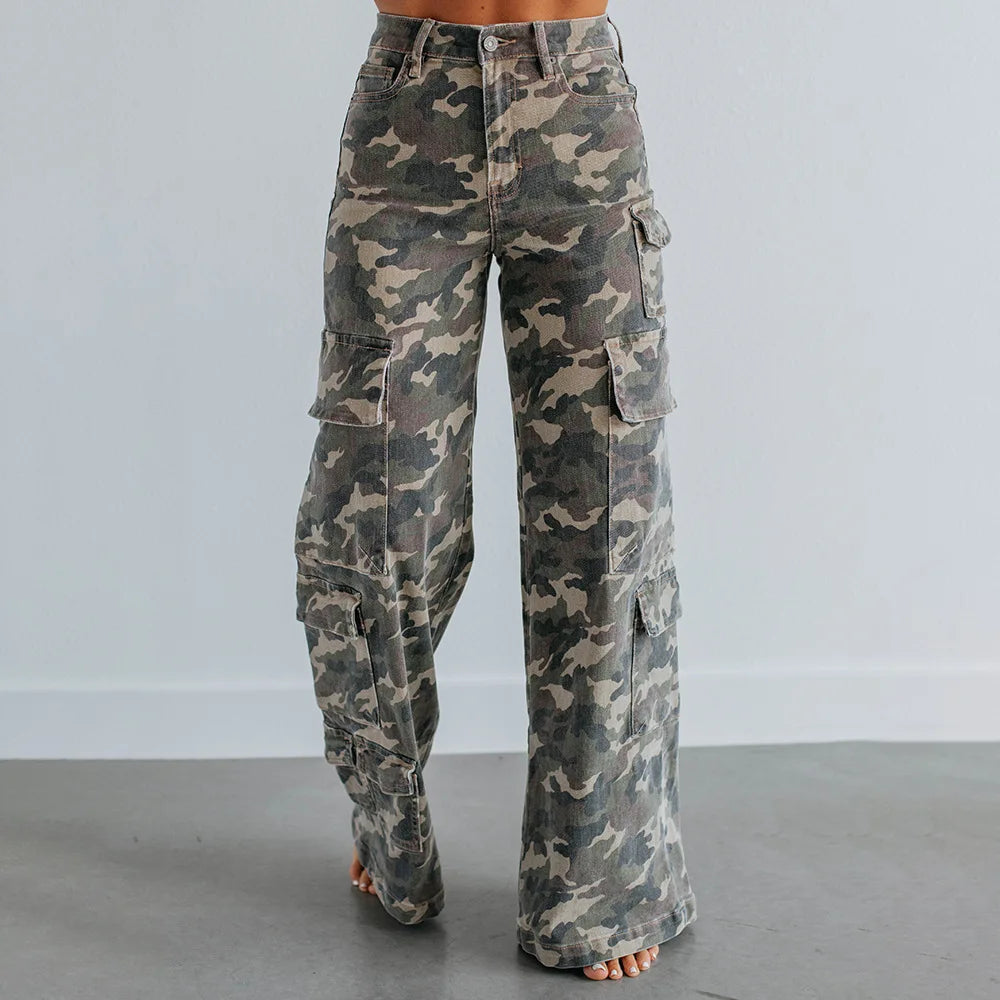 High Waist Camouflage Wide Leg Cargo Pants for Women
