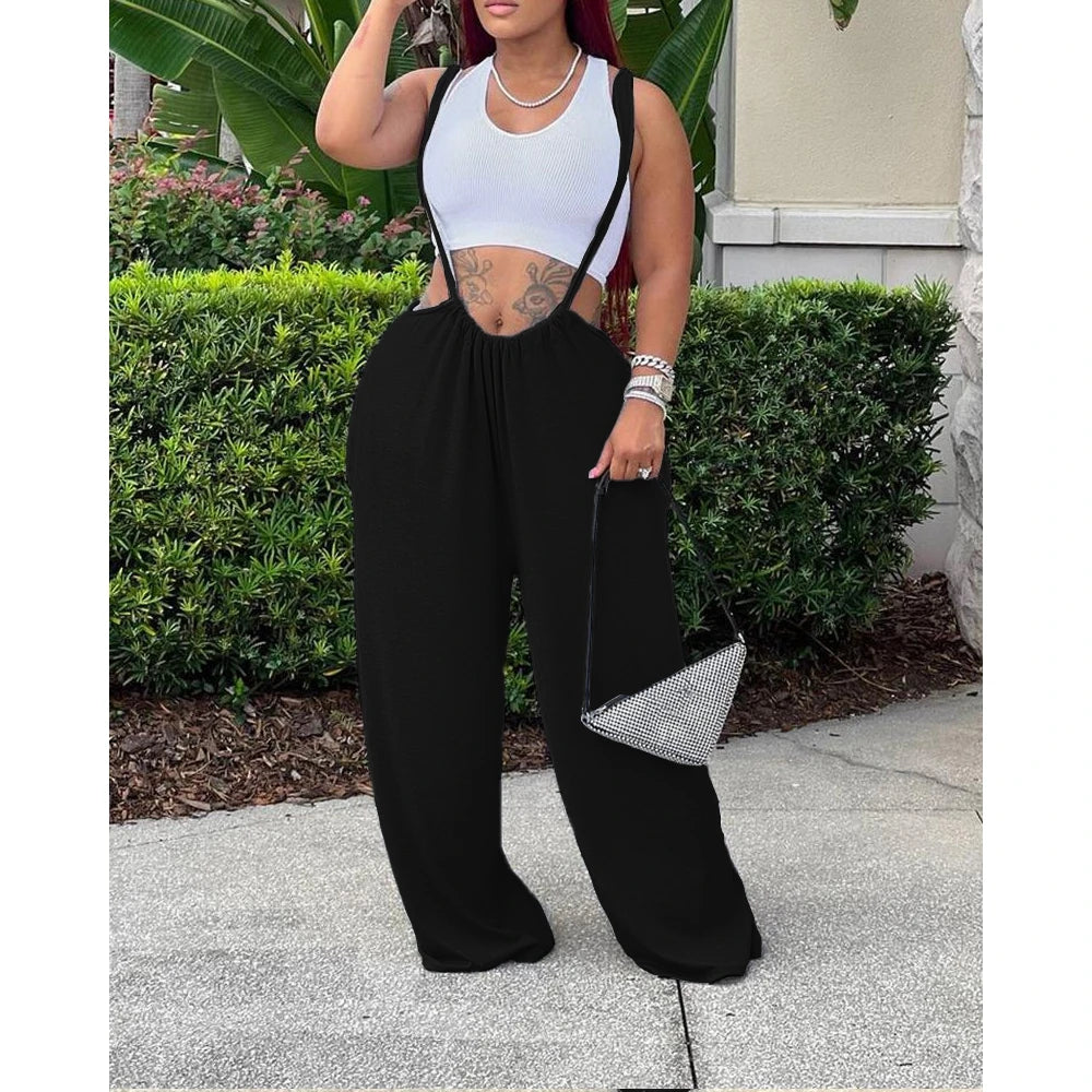 2025 Fashion Women Plain Wide Leg Suspender Jumpsuit Femme Fold Tied Detail Casual Overalls Summer Solid Sporty Pants Clothes