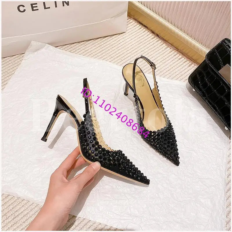 New Rhinestones Woman Sandals Diamond Pointed Toe Shallow Thin High Heels Back Strap Stilettos Female Wedding Bride Sandals