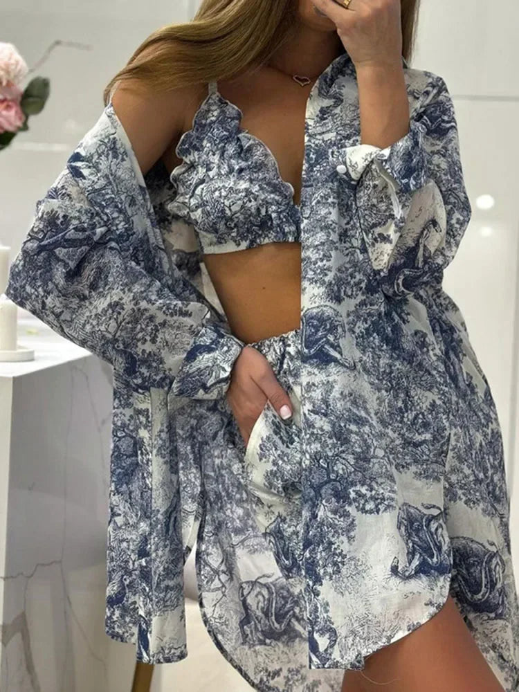 Casual Retro Ink Print Shirt and Shorts Set for Women