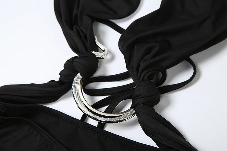 Weird Puss Metal Rings Patchwork Dress women Halter Low-Neck Bandage Backless Sexy Robe Vacation Midnight Club Party Outfits