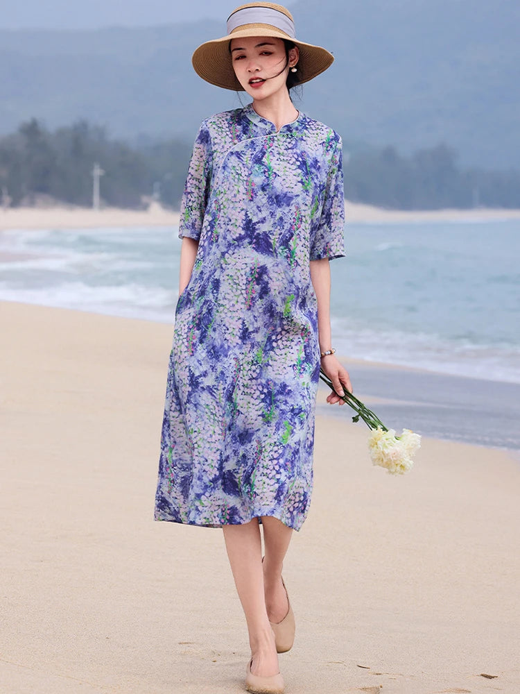 Casual Mandarin Collar Vintage Print Ramie Dress for Women