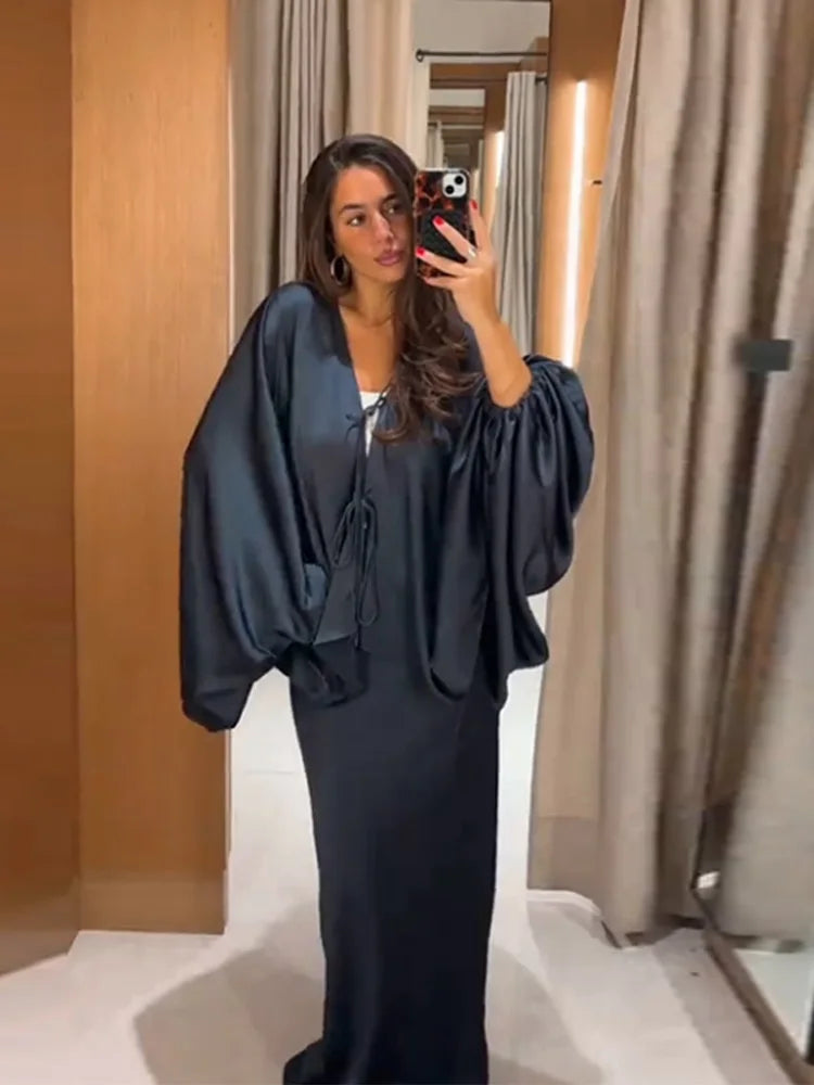 Casual Solid Batwing Sleeve Shirt Skirt Set for Women