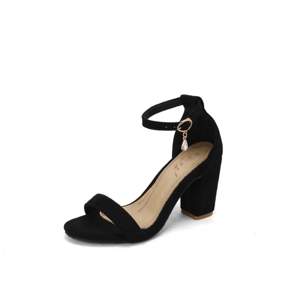 Beige Suede Rhinestone Block Heel Sandals