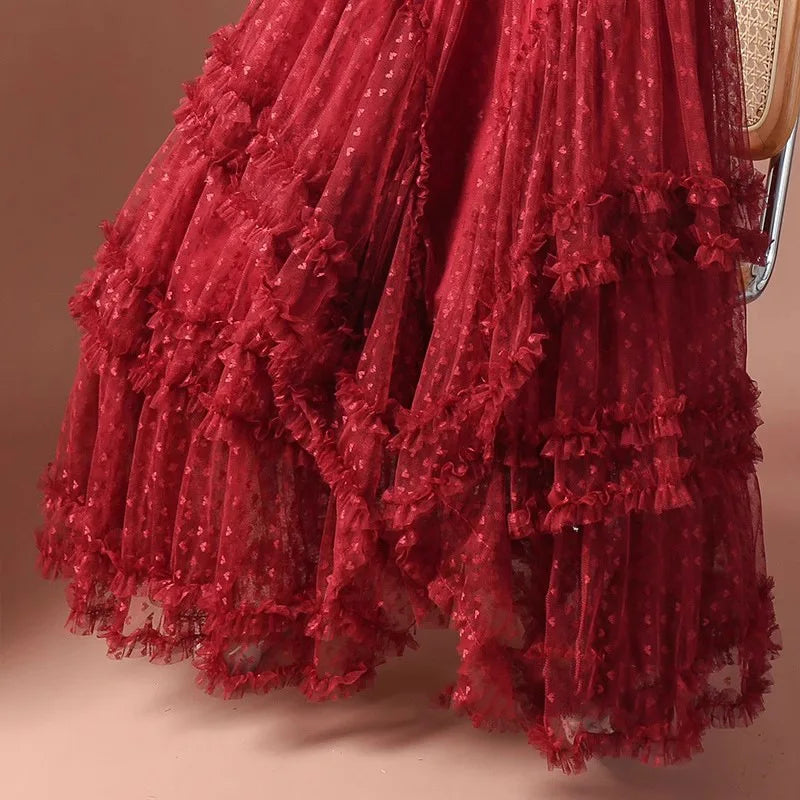 Romantic Vintage Jacquard Tulle Puff Skirt for Women