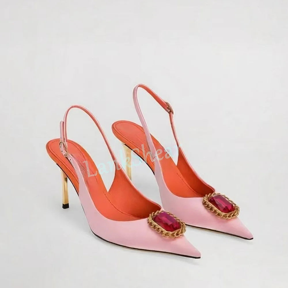 Crystal Embellished Pointed Toe Satin Sandals for Women
