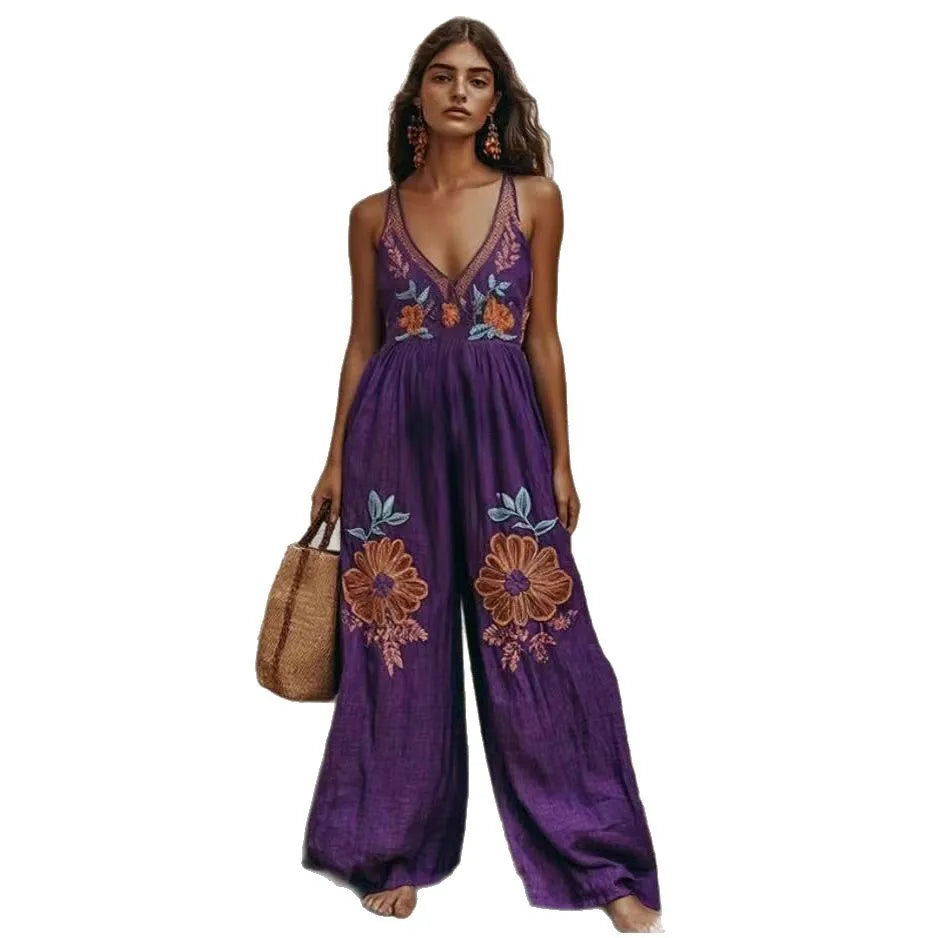 Casual Printed Loose Vneck Sleeveless Wide Leg Jumpsuit for Women