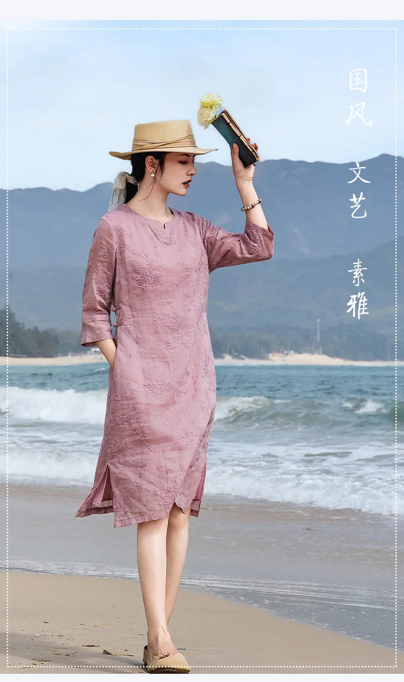 Elegant Embroidered Ramie Linen Knee Length Dress for Women