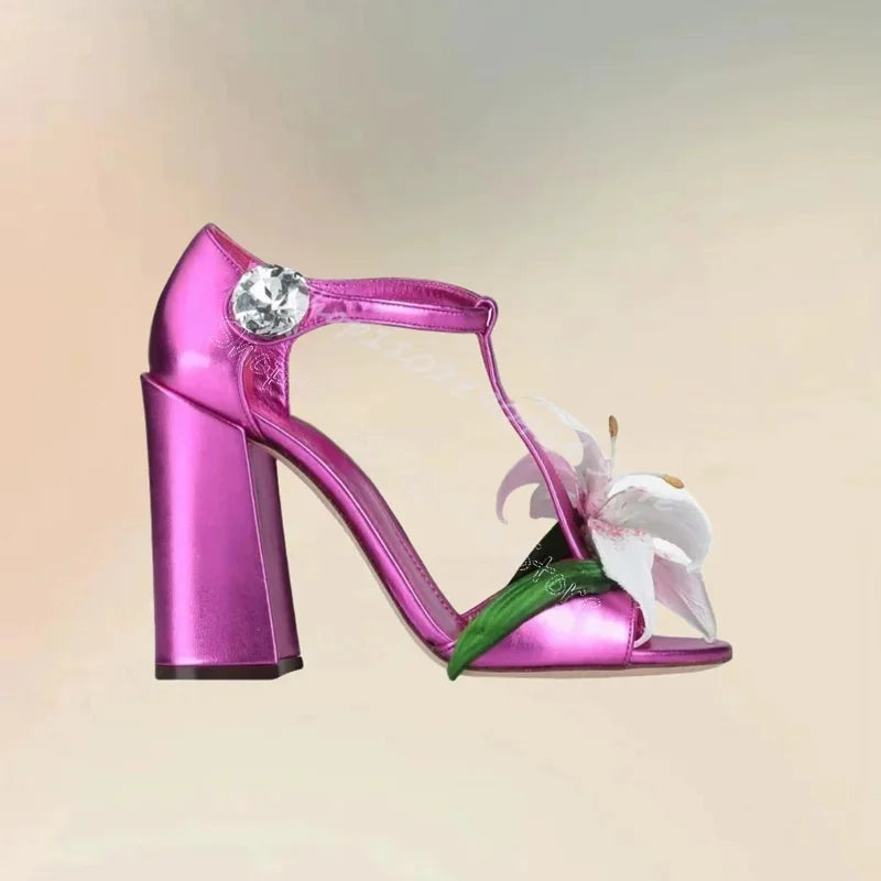Rose Red Crystal Embellished Open Toe Sandals With Buckle Strap for Women