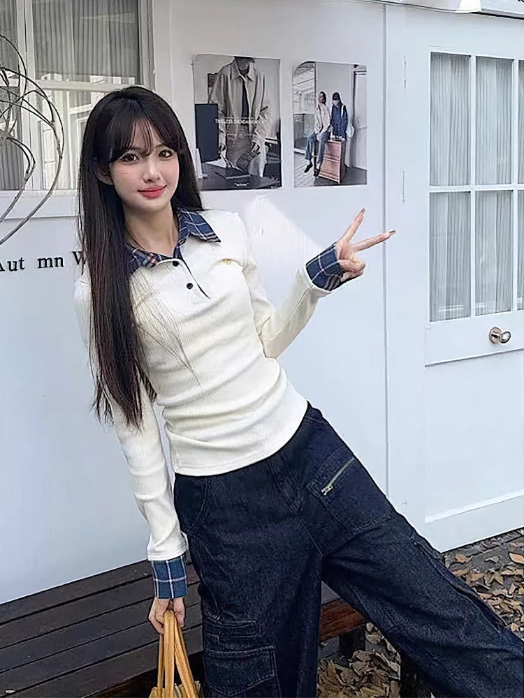Preppy Polo Neck Knit Long sleeve T shirt Women False 2 Piece Korean Fashion Plaid Top V neck Basic Blouses Tees 2025 New