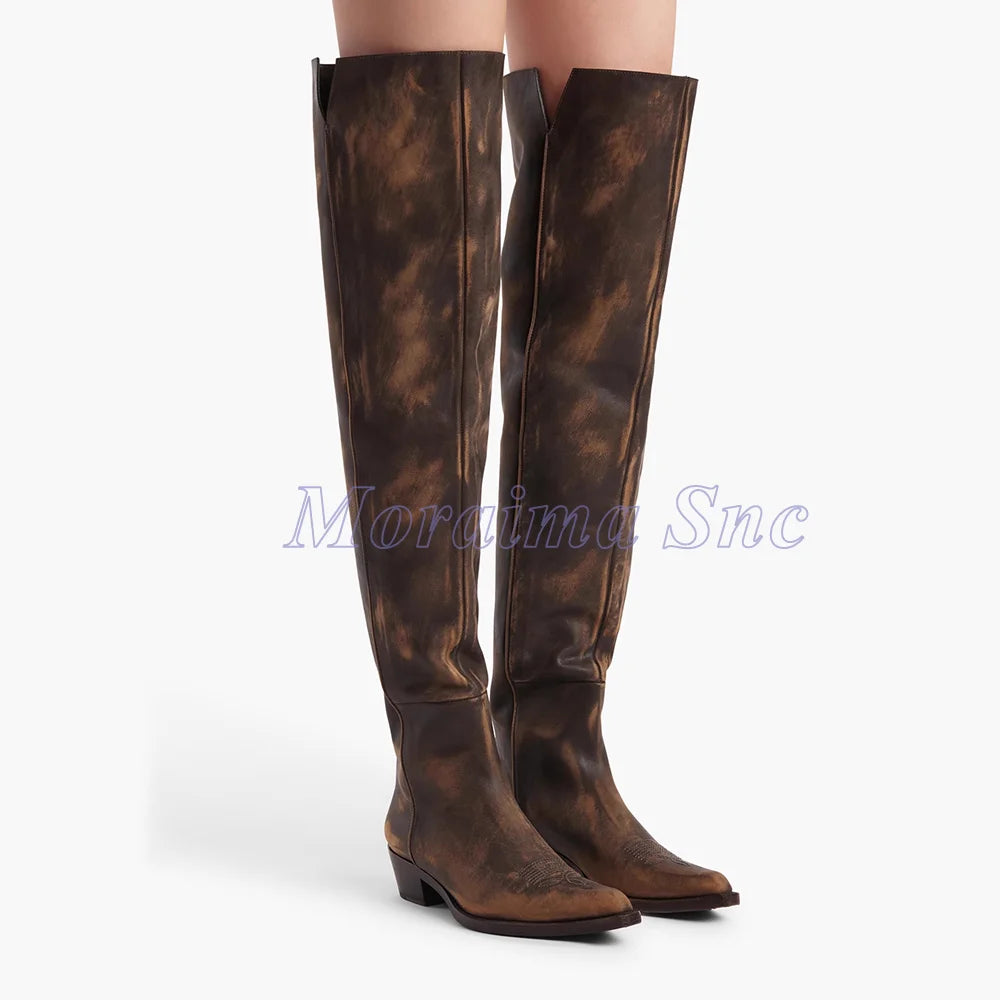 Slip On Pointed Toe Over Knee Chunky Heel Boots for Women