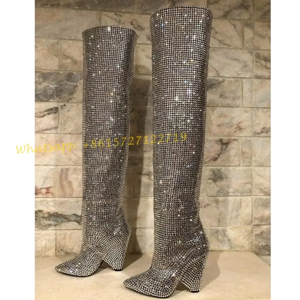 Elegant Crystal Pleated Knee High Wedge Boots for Women