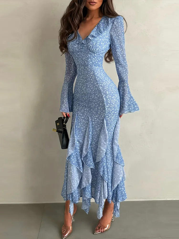 Printed V Neck Ruffle Sleeve Mid Calf Dress for Women
