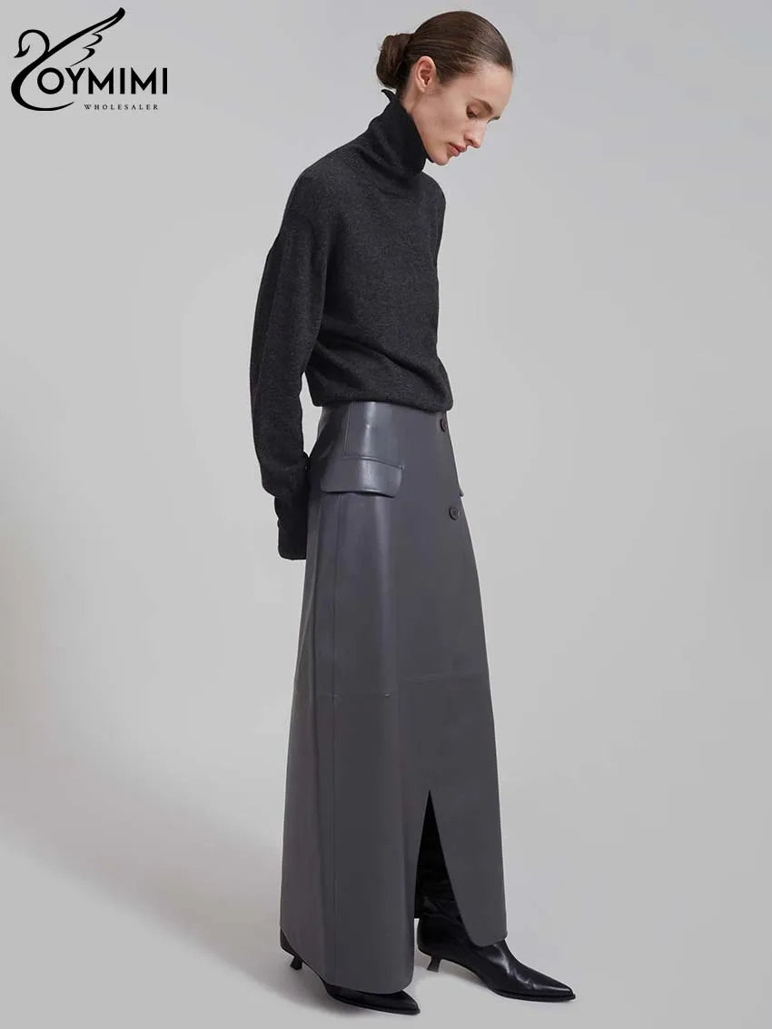Oymimi Casual Black Pu Leather Skirts For Woman Elegant Button High Waisted Skirts Fashion Pockets Straight Skirt Streetwear