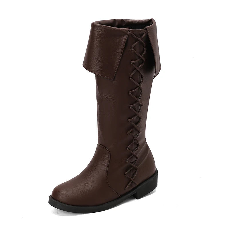 Retro Cross-Tied Flat Mid-Calf Costume Boots for Women