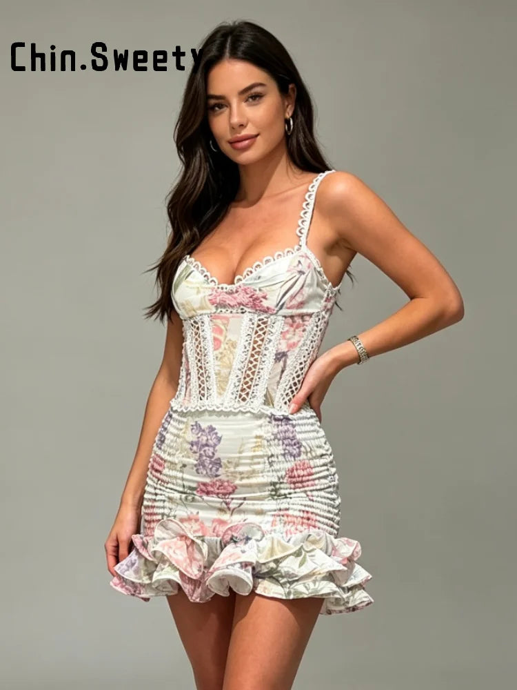 Floral Ruffle Mini Skirt Set With Lace Trim Top For Women