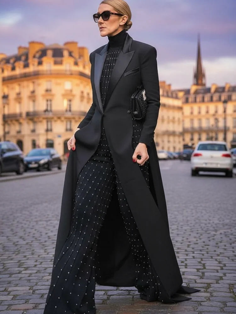 Bonboho 2026 Women's Elegant Blazer Jacket Solid Black Slim Long Sleeve Extra-Long Splited Blazer Coat Female Formal Outerwear