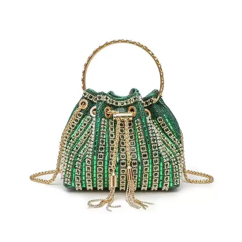 Crystal Shiny Diamonds Bucket Bag Fashion Women Handbag Metal Ring Handle Evening Bag Wedding Party Clutch Purse Crossbody Bag