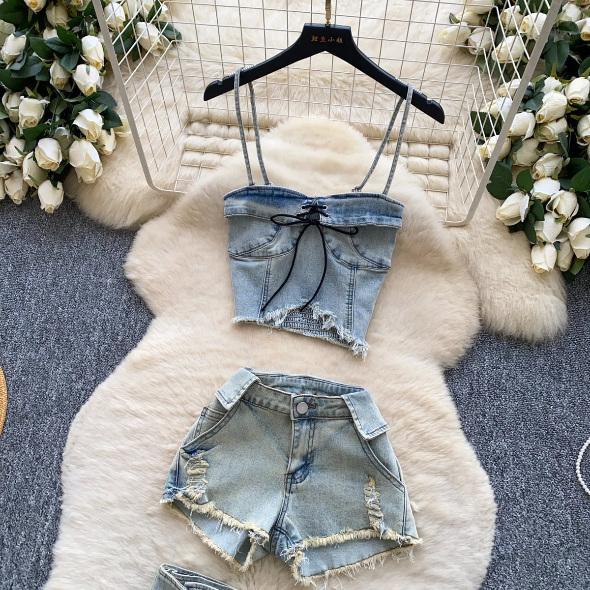 Edgy Summer Denim Three Piece Set With Shorts for Women