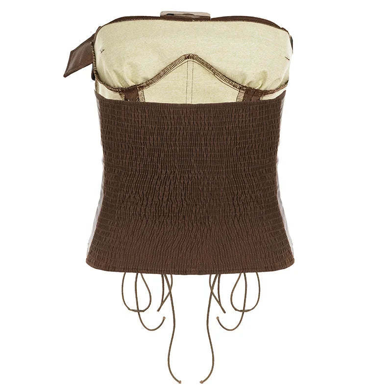 Sexy Leather Corset Vest, Cinched Waistband, Metal Buckle Top, Punk Style, Individualistic Street Style, Spicy Girl Outfit