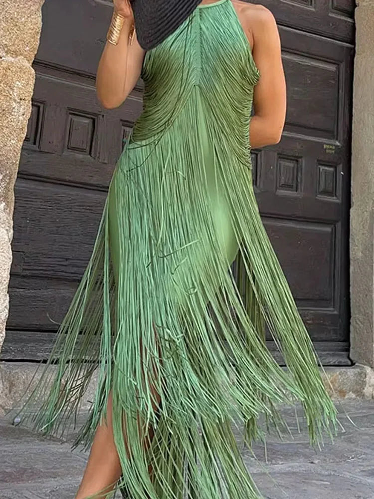 Elegant Tassel Splicing Solid Gowns Dress Women Fashion Hight Wasit Sleeveless Long Dress 2025 Sexy Backless Slim Evening Dress