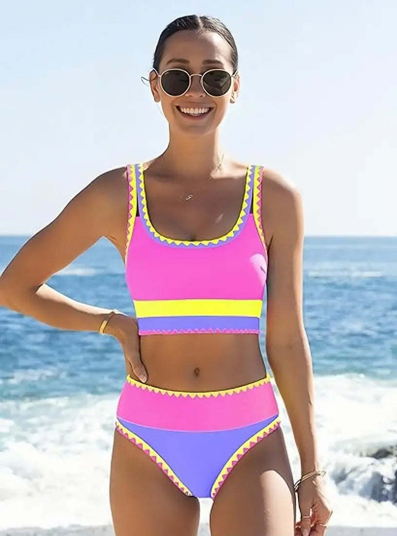 Women's Bikinis And Tankinis High Waist Color-blocked Zigzag Swimsuit 2026 Three Piece Cover-ups Bikini Beach Vacation Swimwear