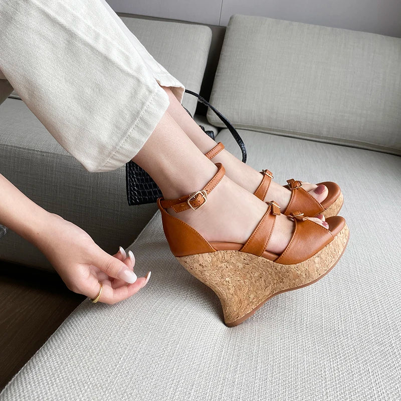 Elegant Apricot Buckle Platform Thick Heel Wedge Sandals for Women