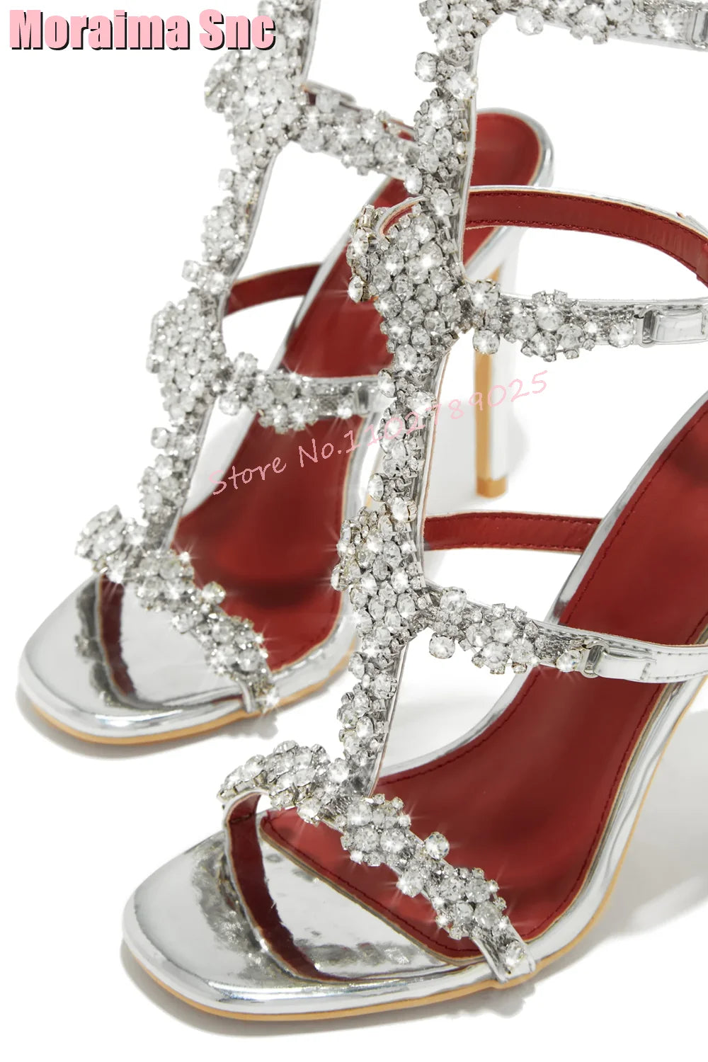 Elegant Crystal T Strap Open Toe Stiletto Sandals for Women