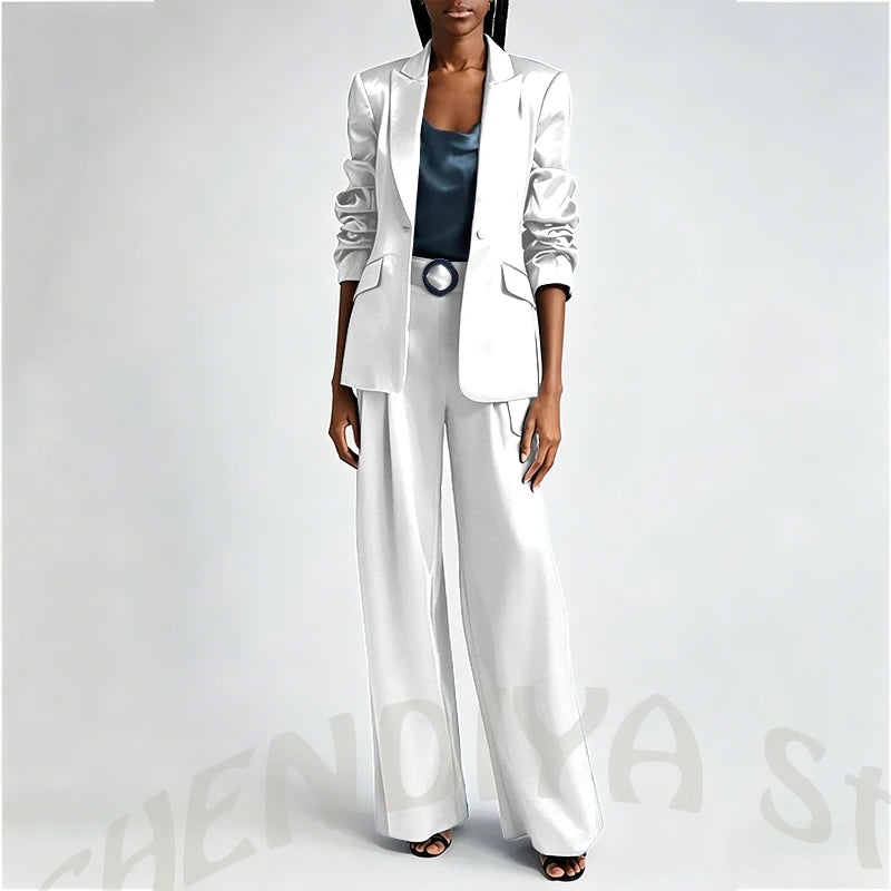 Women's Two Pieces Set Satin Peaked Lapel Elegant Fashion Single Button Straight Professional Tailor-Made Jacket with Pants